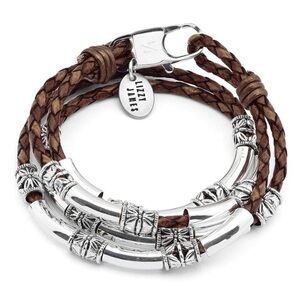 Lizzy James Maxi Braided Brown Leather Wrap Bracelet Etched Silver Crescents NWT